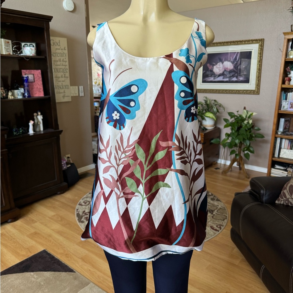 Maldita brown, blue & cream silky sleeveless blouse-size S